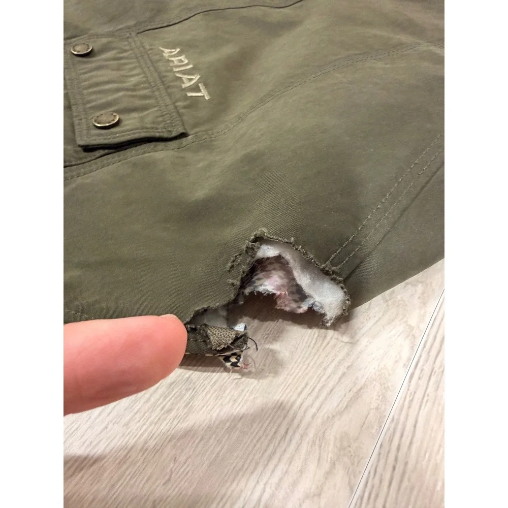 Ariat Dog Coat Olive Green Canvas Quilted Plaid Lining Medium Pet Jacket AS-IS